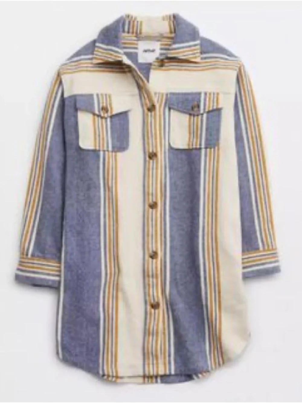 Aerie Oversized Flannel Shacket Jacket Cream Blue Stripe Cotton Size M - Picture 3 of 13